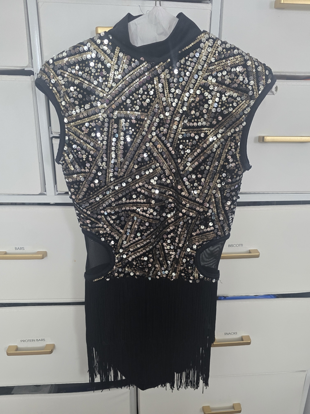 Weissman Black Costume with Gold & Silver Sequin Geometric Detail